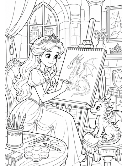 Princess Sketching A Dragon In Castle Studio printable coloring page from the princess coloring pages collection