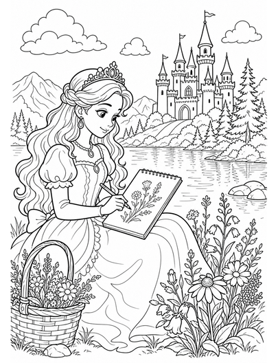 Princess Sketching Wildflowers By Castle Lake printable coloring page from the princess coloring pages collection