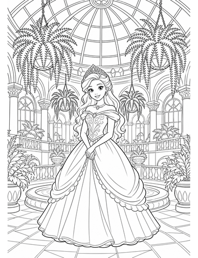 Princess Skylight Atrium With Hanging Ferns printable coloring page from the princess coloring pages collection