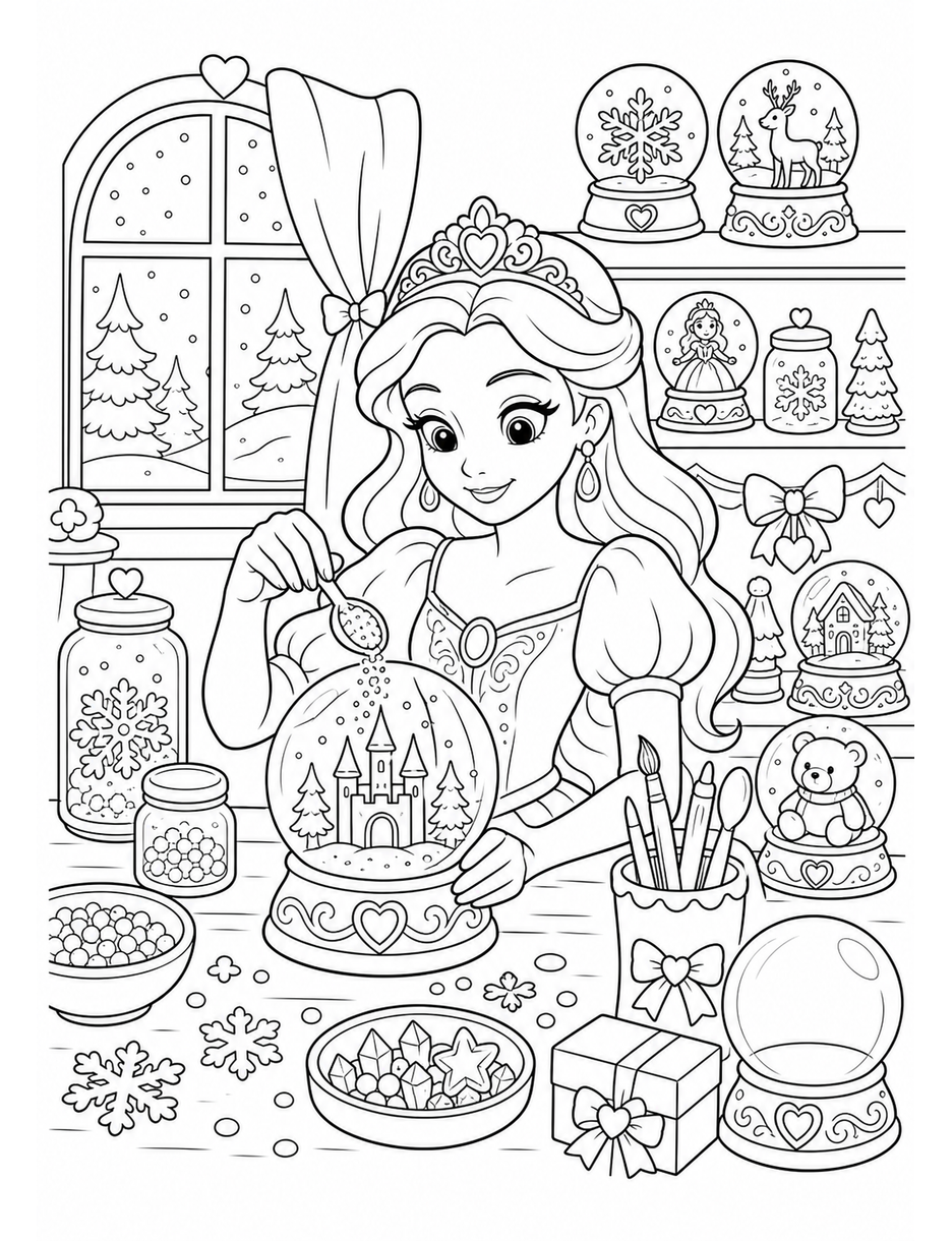 Princess Snow Globe Workshop printable coloring page from the princess coloring pages collection