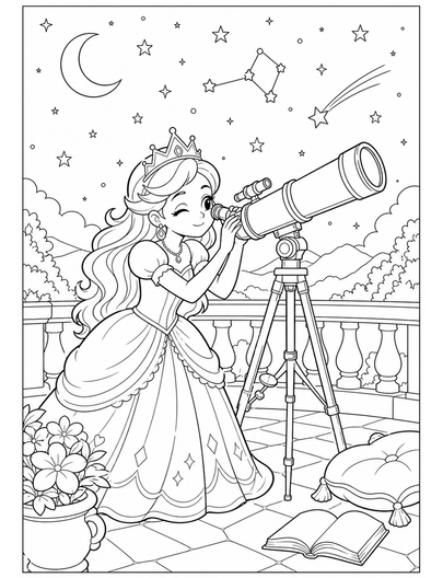 Princess Stargazing With A Telescope printable coloring page from the princess coloring pages collection