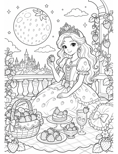 Princess Strawberry Moon Balcony Picnic printable coloring page from the princess coloring pages collection