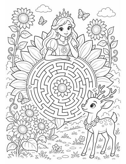 Princess Sunflower Maze With Friendly Deer printable coloring page from the princess coloring pages collection