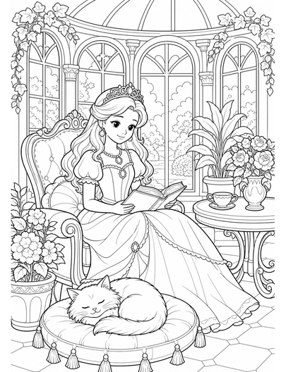 Princess Sunroom With Sleeping Cat printable coloring page from the princess coloring pages collection