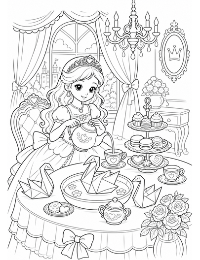 Princess Tea Room With Origami Swans printable coloring page from the princess coloring pages collection