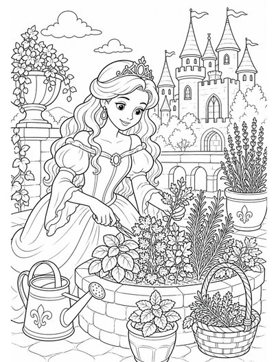 Princess Tending A Castle Herb Garden printable coloring page from the princess coloring pages collection