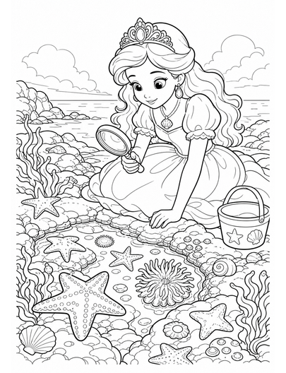 Princess Tidepool Study With Sea Stars printable coloring page from the princess coloring pages collection