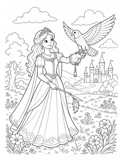 Princess Training A Falcon In Castle Meadow printable coloring page from the princess coloring pages collection