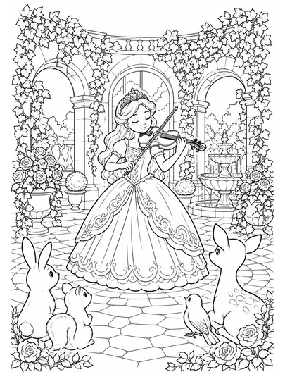 Princess Violin Recital In Ivy Courtyard printable coloring page from the princess coloring pages collection