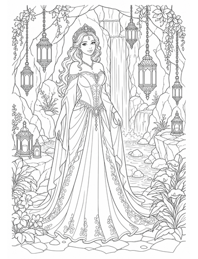 Princess Waterfall Grotto With Lanterns printable coloring page from the princess coloring pages collection