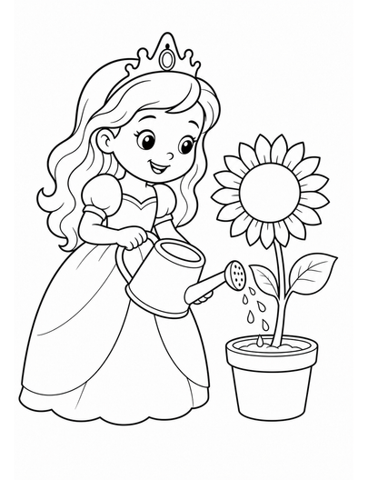 Princess Watering A Sunflower printable coloring page from the princess coloring pages collection