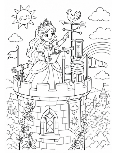 Princess Weather Station On Castle Tower printable coloring page from the princess coloring pages collection