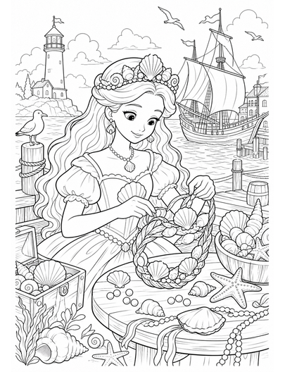 Princess Weaving Seashell Crown By The Harbor printable coloring page from the princess coloring pages collection