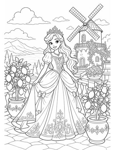 Princess Windmill Terrace With Potted Lemons printable coloring page from the princess coloring pages collection