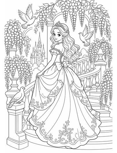 Princess Wisteria Staircase With Doves printable coloring page from the princess coloring pages collection