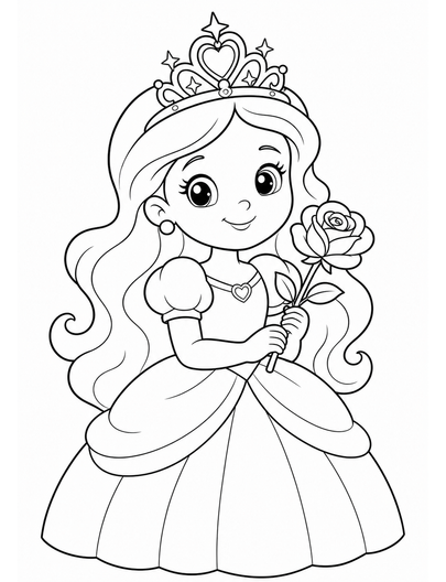 Princess With A Sparkling Crown And Rose printable coloring page from the princess coloring pages collection