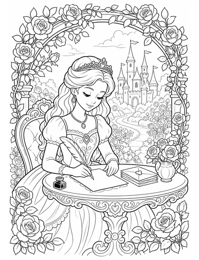 Princess Writing Letters In Rose Arbor printable coloring page from the princess coloring pages collection