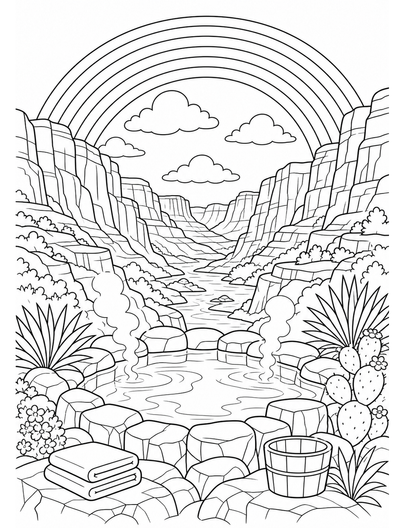 Rainbow Above A Canyon Hot Springs Retreat printable coloring page from the rainbow coloring page collection