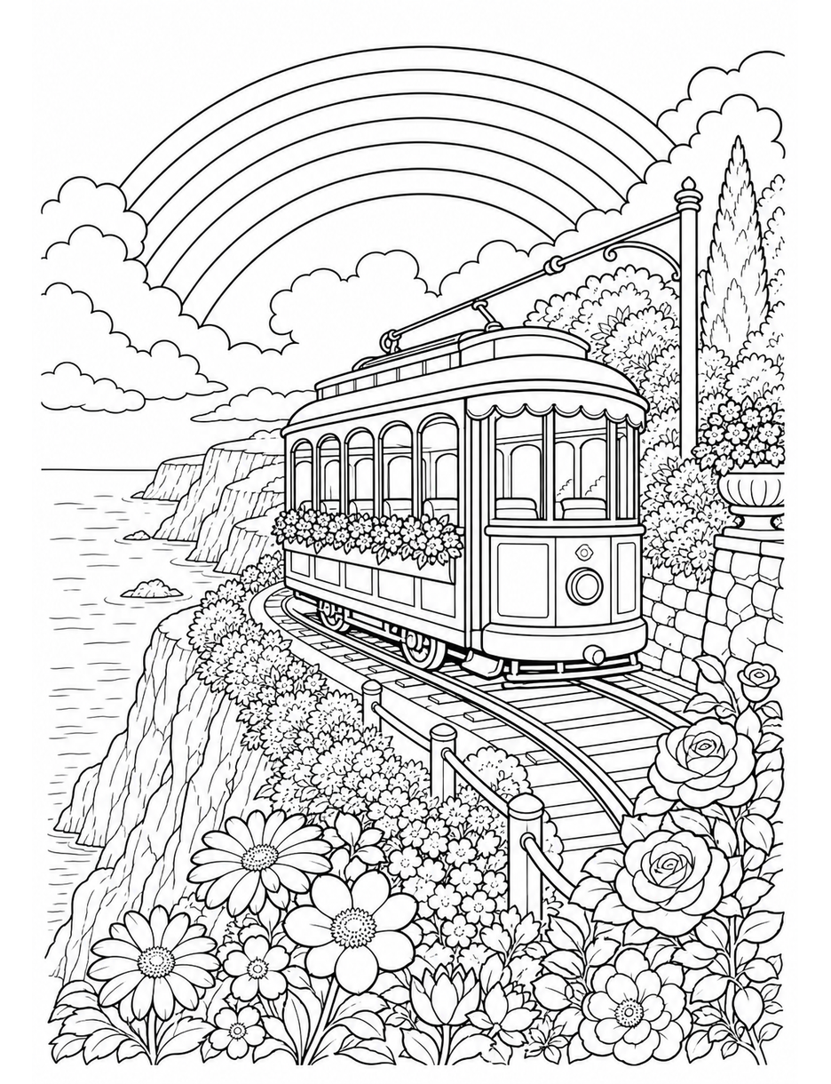Rainbow Above A Cliffside Garden Tram printable coloring page from the rainbow coloring page collection