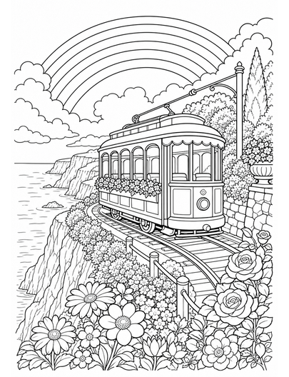 Rainbow Above A Cliffside Garden Tram printable coloring page from the rainbow coloring page collection