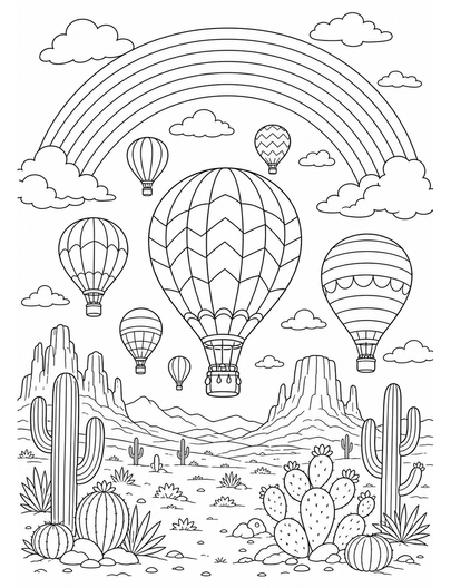 Rainbow Above A Desert Balloon Festival printable coloring page from the rainbow coloring page collection