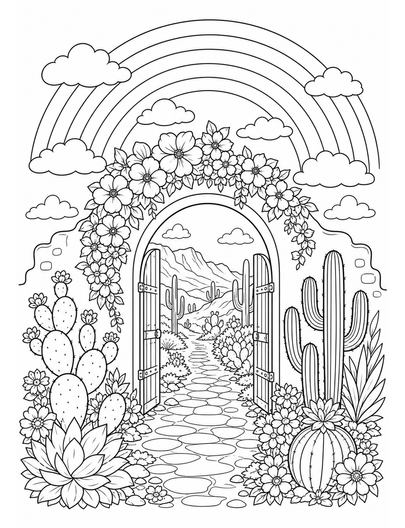 Rainbow Above A Desert Bloom Archway printable coloring page from the rainbow coloring page collection