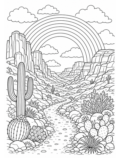Rainbow Above A Desert Canyon Trail printable coloring page from the rainbow coloring page collection