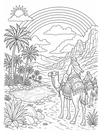 Rainbow Above A Desert Oasis Caravan printable coloring page from the rainbow coloring page collection