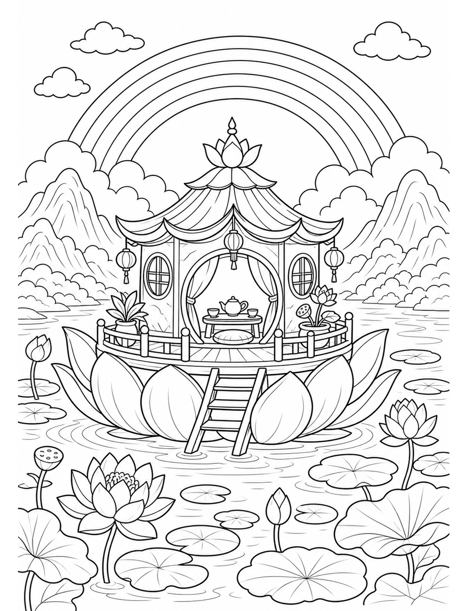 Rainbow Above A Floating Lotus Tea House printable coloring page from the rainbow coloring page collection