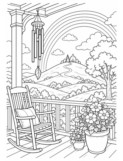 Rainbow Above A Hilltop Wind Chime Porch printable coloring page from the rainbow coloring page collection