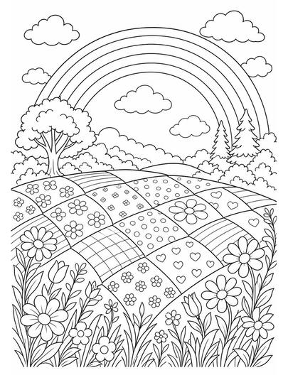 Rainbow Above A Patchwork Quilt Meadow printable coloring page from the rainbow coloring page collection