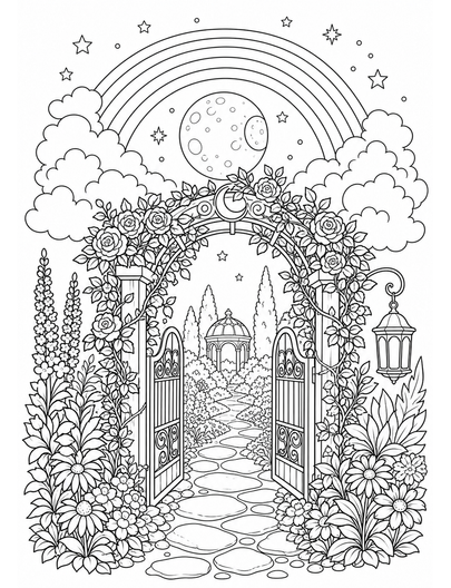 Rainbow Above A Secret Moon Garden Arbor printable coloring page from the rainbow coloring page collection