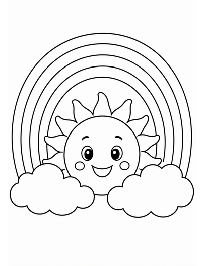 Rainbow Above A Smiling Sun And Puffy Clouds printable coloring page from the rainbow coloring page collection