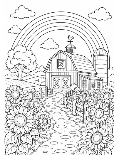 Rainbow Above A Sunflower Barn Path printable coloring page from the rainbow coloring page collection