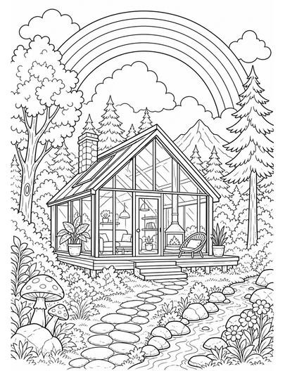 Rainbow Above A Woodland Glass Cabin printable coloring page from the rainbow coloring page collection