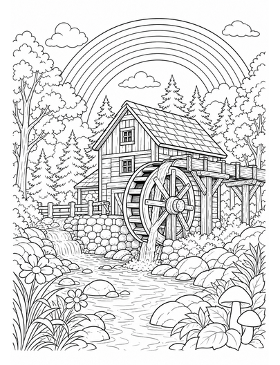Rainbow Above A Woodland Watermill printable coloring page from the rainbow coloring page collection