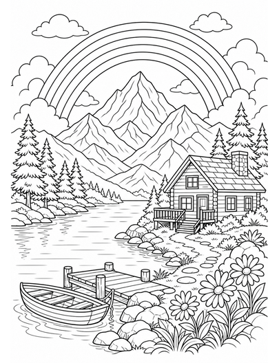 Rainbow Arch Over Mountain Lake Cabin printable coloring page from the rainbow coloring page collection