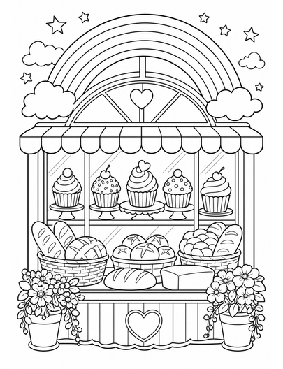Rainbow Bakery Window With Cupcakes And Breads printable coloring page from the rainbow coloring page collection