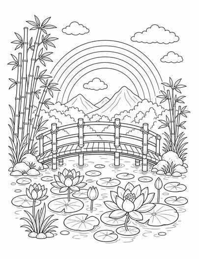 Rainbow Over A Bamboo Bridge Lotus Pond printable coloring page from the rainbow coloring page collection