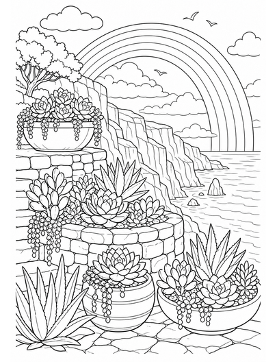 Rainbow Over A Cliffside Succulent Terrace printable coloring page from the rainbow coloring page collection