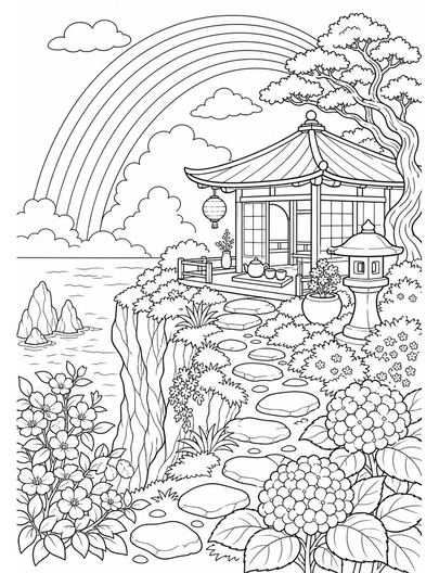 Rainbow Over A Cliffside Tea House Garden printable coloring page from the rainbow coloring page collection