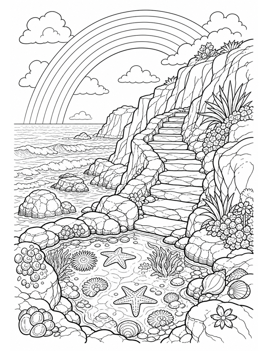 Rainbow Over A Cliffside Tidepool Stairway printable coloring page from the rainbow coloring page collection