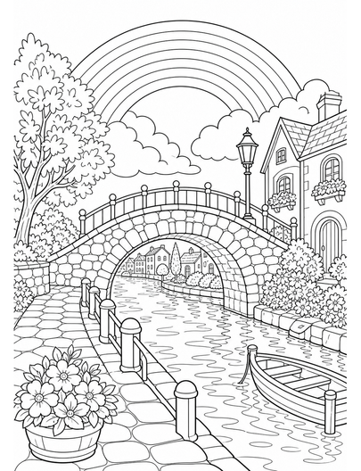 Rainbow Over A Cobblestone Canal Bridge printable coloring page from the rainbow coloring page collection