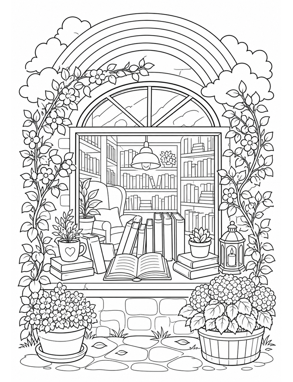 Rainbow Over A Cozy Bookshop Window Display printable coloring page from the rainbow coloring page collection