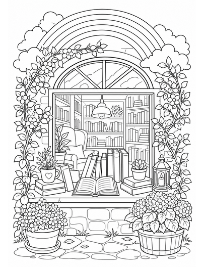 Rainbow Over A Cozy Bookshop Window Display printable coloring page from the rainbow coloring page collection