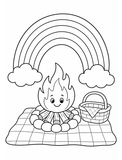 Rainbow Over A Cozy Campfire Picnic printable coloring page from the rainbow coloring page collection