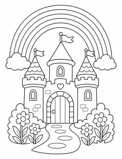 Rainbow Over A Cozy Castle Garden printable coloring page from the rainbow coloring page collection