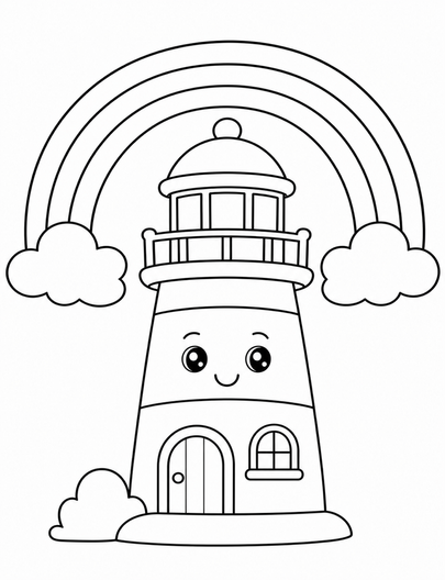 Rainbow Over A Cozy Lighthouse printable coloring page from the rainbow coloring page collection