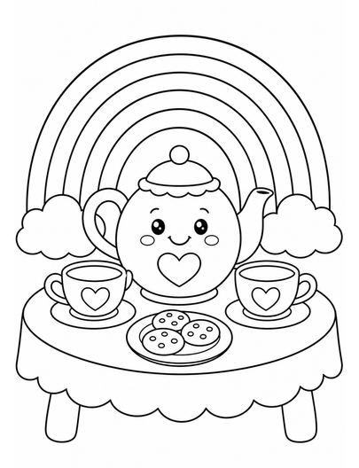 Rainbow Over A Cozy Tea Party Table printable coloring page from the rainbow coloring page collection
