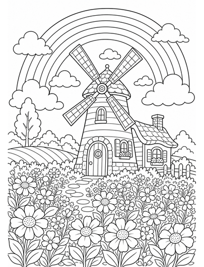 Rainbow Over A Cozy Windmill Flower Field printable coloring page from the rainbow coloring page collection